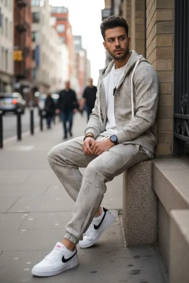 Trening barbati slim fit bej, Pantaloni + hanorac 167 19-5