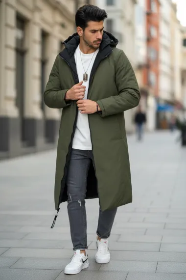 Geaca barbati de iarna kaki,2 fete, lunga, imprimeu spate "TO THE LIMIT" 2588