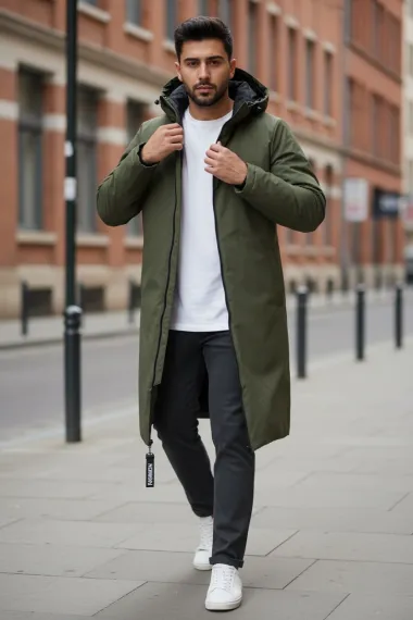 Geaca barbati de iarna kaki,2 fete, lunga, imprimeu spate "TO THE LIMIT" 2588