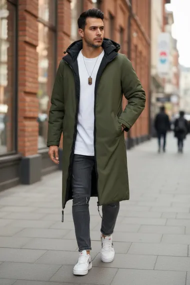 Geaca barbati de iarna kaki,2 fete, lunga, imprimeu spate "TO THE LIMIT" 2588