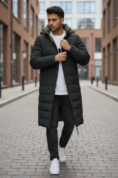 Geaca barbati de iarna kaki,2 fete, lunga, imprimeu spate "TO THE LIMIT" 2588