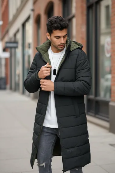 Geaca barbati de iarna kaki,2 fete, lunga, imprimeu spate "TO THE LIMIT" 2588