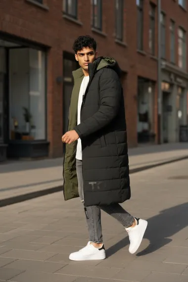 Geaca barbati de iarna kaki,2 fete, lunga, imprimeu spate "TO THE LIMIT" 2588