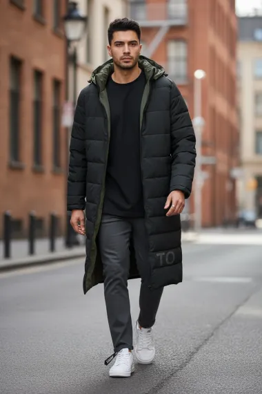 Geaca barbati de iarna kaki,2 fete, lunga, imprimeu spate "TO THE LIMIT" 2588