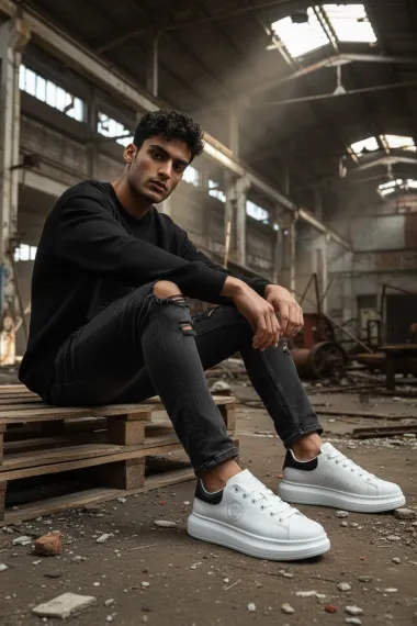 Adidasi barbati casual VIP,albi cu negru, 801