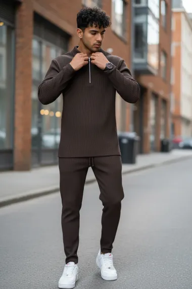 Trening barbati slim fit maro, Pantaloni + bluza C300