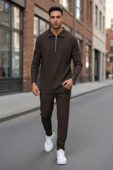 Trening barbati slim fit maro, Pantaloni + bluza C300