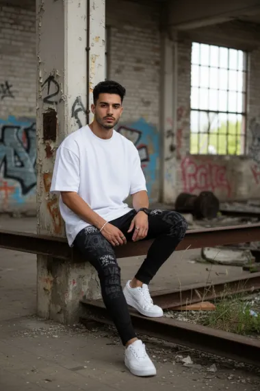 Blugi barbati conici, imprimeu si stikere, 1253 H1-4