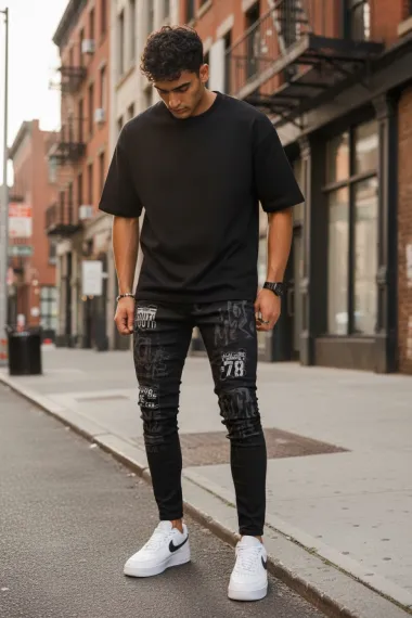 Blugi barbati conici, imprimeu si stikere, 1253 H1-4