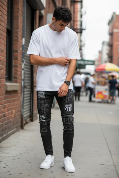 Blugi barbati conici, imprimeu si stikere, 1253 H1-4