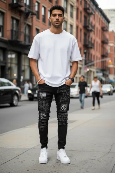 Blugi barbati conici, imprimeu si stikere, 1253 H1-4