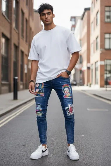 Blugi barbati conici albasatri cu stikere 1446 H3-5