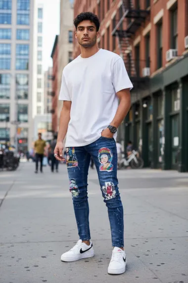 Blugi barbati conici albasatri cu stikere 1446 H3-5