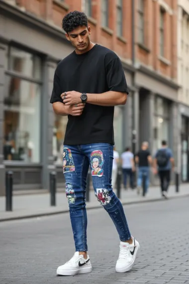 Blugi barbati conici albasatri cu stikere 1446 H3-5