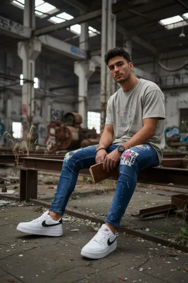 Blugi barbati conici albasatri cu stikere 1446 H3-5