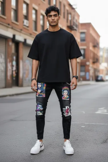 Blugi barbati conici negri cu stikere 1452 G4-3*