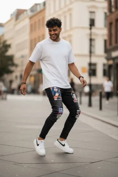 Blugi barbati conici negri cu stikere 1452 G4-3*