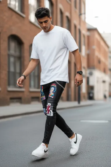 Blugi barbati conici negri cu stikere 1452 G4-3*