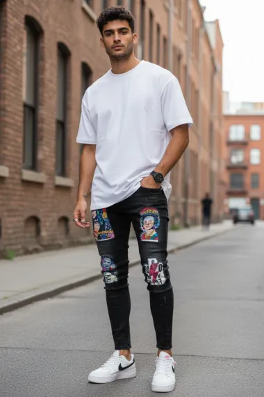 Blugi barbati conici negri cu stikere 1452 G4-3*