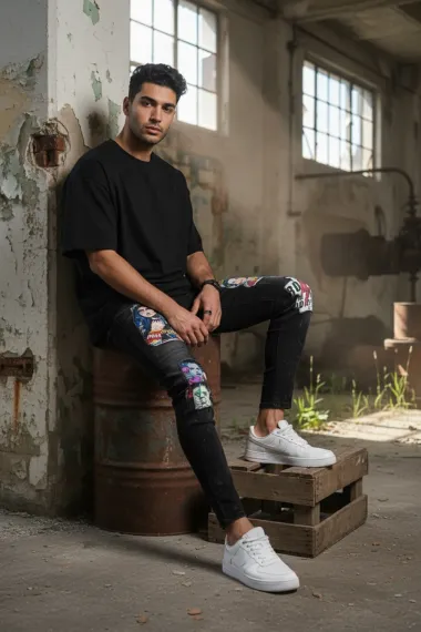 Blugi barbati conici negri cu stikere 1452 G4-3*