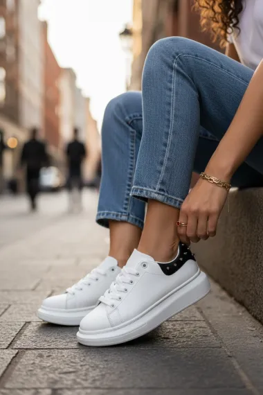 Adidasi dama albi cu negru casual, 6626