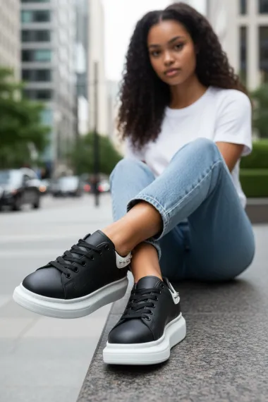 Adidasi dama negri cu alb casual, 6626