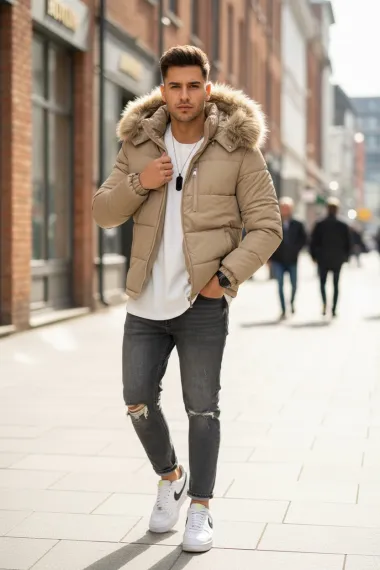 Geaca barbati groasa de iarna, imblanita, bej 2555 T8-2