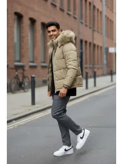 Geaca barbati groasa de iarna, imblanita, bej 2555 T8-2