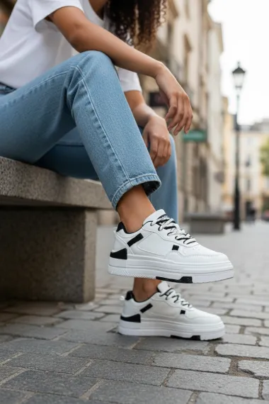 Adidasi dama casual albi cu negru, 8002