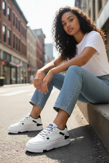 Adidasi dama casual albi cu negru, 8002