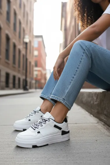 Adidasi dama casual albi cu negru, 8002