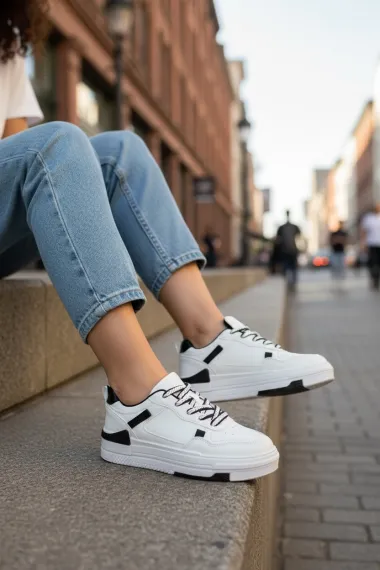 Adidasi dama casual albi cu negru, 8002