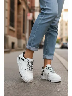 Adidasi dama casual albi cu negru, 8002