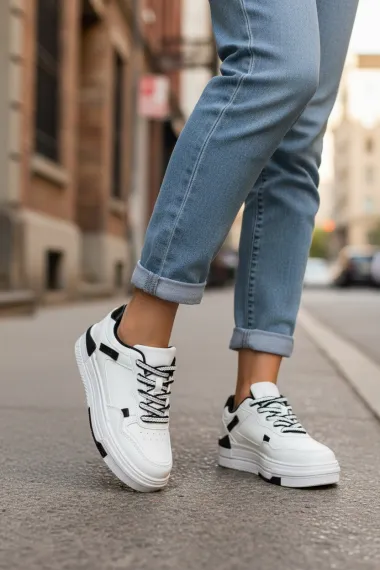 Adidasi dama casual albi cu negru, 8002