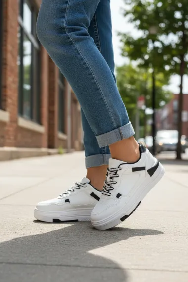 Adidasi dama casual albi cu negru, 8002