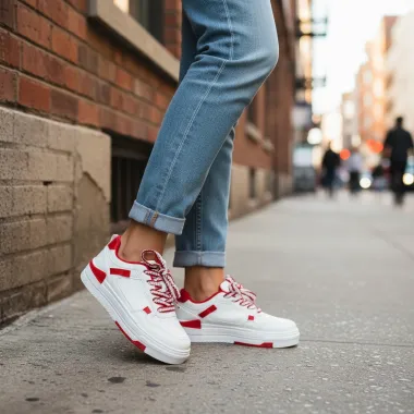 Adidasi dama casual albi cu rosu, 8002