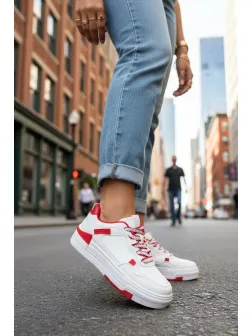 Adidasi dama casual albi cu rosu, 8002