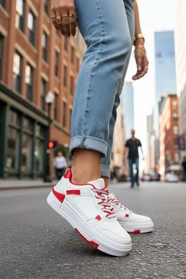 Adidasi dama casual albi cu rosu, 8002