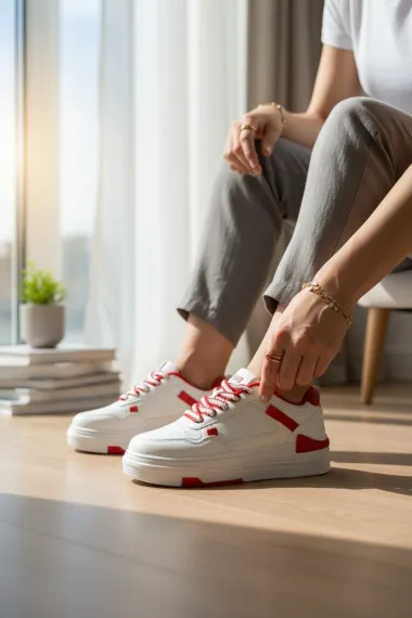 Adidasi dama casual albi cu rosu, 8002