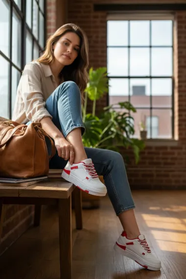 Adidasi dama casual albi cu rosu, 8002