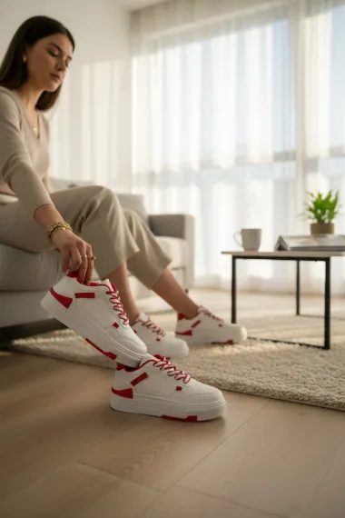 Adidasi dama casual albi cu rosu, 8002