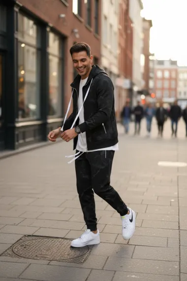 Trening barbati slim fit negru, Pantaloni + Hanorac RM35 100-2.1