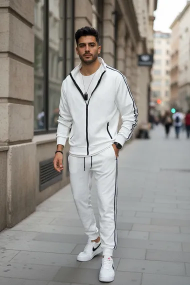 Trening barbati slim fit alb, Pantaloni + Hanorac 1209