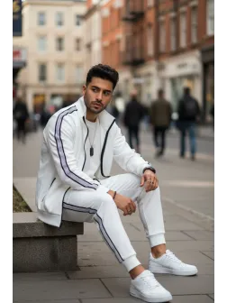Trening barbati slim fit alb, Pantaloni + Hanorac 1209 14-1.1