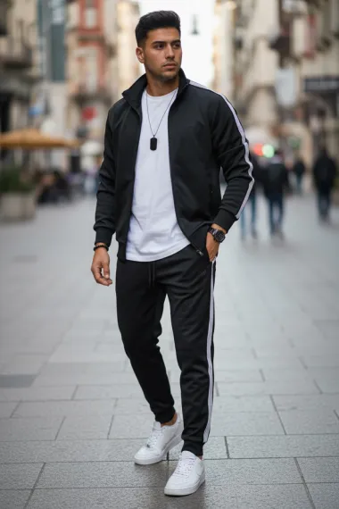 Trening barbati slim fit negru, Pantaloni + Hanorac 1209