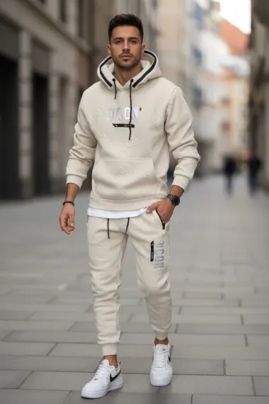 Trening barbati slim fit bej, Pantaloni + Hanorac 5025 108-3