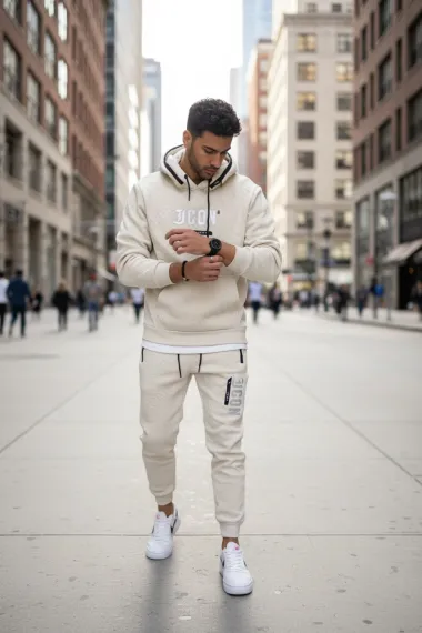 Trening barbati slim fit bej, Pantaloni + Hanorac 5025 108-3