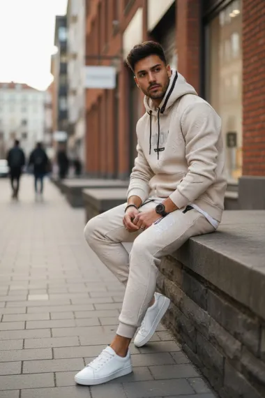 Trening barbati slim fit bej, Pantaloni + Hanorac 5025 108-3