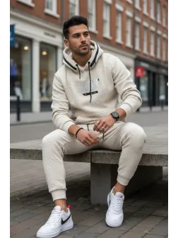 Trening barbati slim fit bej, Pantaloni + Hanorac 5025 108-3