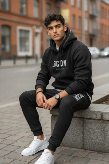 Trening barbati slim fit negru, Pantaloni + Hanorac 5025 108-2